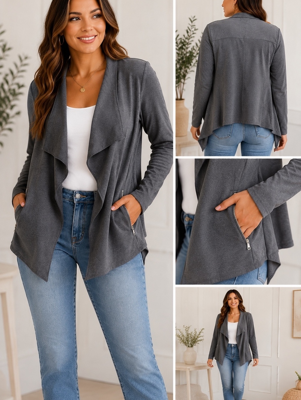 Annabelle Gray Draped Waterfall Jacket Zip Pockets Size S